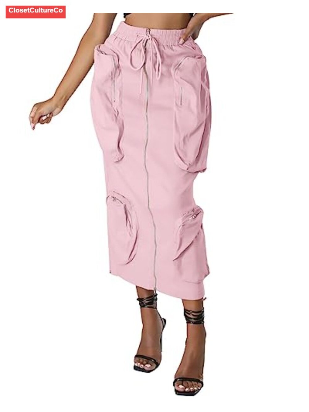 Vintage 90s Drawstring Stretch Zip Cargo Pencil Skirt Midi Multi-Pocket